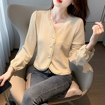 여성 러블리 누빔 레이스 가디건 블라우스