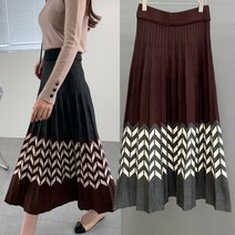 변형배색 니트 주름 롱스커트