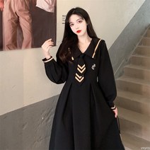 vsyoy빅사이즈 가을 스커트 여 통통 언니 빈티지 마린 하이넥 긴팔 원피스 학원풍 가림살 슬림 선녀 스커트 데일리룩 데일리룩