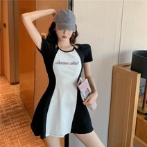 실버캣 여성 빅사이즈 오프숄더 세로줄 중앙 화이트 레터링 포인트 라인 네이비 시스 원피스