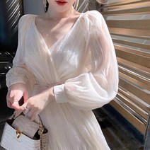 ByYou 물방울 소매 v넥 주름 화이트 원피스 여신범 무릎 기장 선녀 공주 스커트
