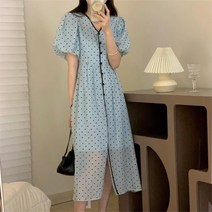춘게엘 하트도트 패턴 벌룬 소매 브이넥 롱원피스 r074