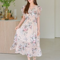 헤링본 여성 여름 롱 쉬폰원피스 플라워 브이넥 프릴 스모크 플레어 스커트 A라인 데일리 휴양지룩 비치웨어 HE049