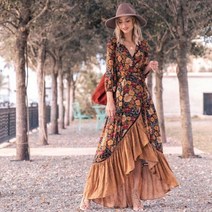 괌 하와이 원피스Happie Queens 여성 꽃 프린트 긴 소매 불규칙한 헴 비치 보헤미안 맥시 드레스 숙녀 Boho