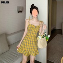 DFMEI 빈티지 옐로우 체크 어깨끈 조임 밑단 나시 원피스 스커트