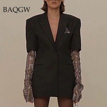 수소수생성기 알칼리여성용 패션 샤이니 재킷 여름 블레이저 긴 다이아몬드 패치 워크 슬리브 오피스, 01 Black_02 M