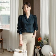 시크라인 숄카라 더블 버튼 새틴 블라우스