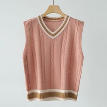 여성용 브이넥 레이어드 하룬 배색 니트 조끼 j407