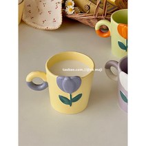 감성 인테리어 튤립 디자인 세라믹 유리컵, 300ml 양각 튤립 머그 - 참 퍼플