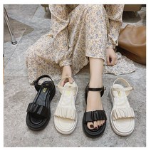 아망슈 여성 주름 스트랩 웨지 통굽 샌들 5cm