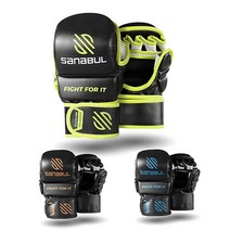 미국발송 Sanabul 에센셜 198.4g(7온스) 스파링 MMA 장갑 (올블랙 스몰/미디엄), Black/Green