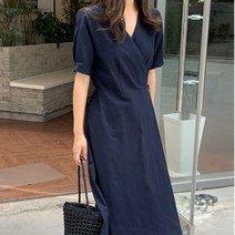겟잇미 여성 린넨 브이넥 랩 롱원피스
