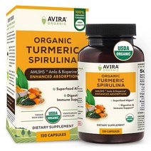 Avira Organic 튜메릭 클로렐라 암라 커큐민 바이오페린 슈퍼푸드 120캡슐, Turmeric Spirulina, 120 Count (Pack of 1)