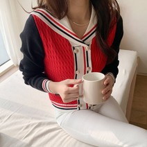 폰시크 데일리 페미닌한 세라 카라 배색 투버튼 니트 가디건