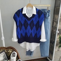 상상그이상 여성용 포인트 컬러 배색 아가일 니트 조끼 베스트 간절기 신상니트