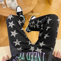 남성 봄 뉴 스타 프린트 진 일본 스타일 패치워크 데님 스트레이트 느슨한 청바지 412