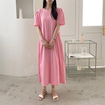 다잇템_패션 여자 4부 반팔 SS 롱 민무늬 원피스