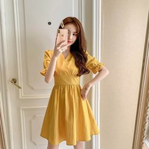 체크 원피스 여름 작은 러블리 하이웨이스트 날씬해 보이는 뱃살가리기 브이넥 키커 데이트 숏 스윗 988691479