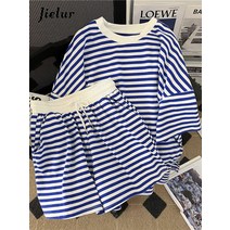 여성반바지세트 코티세트 Jielur Preppy 스타일 여성 두 조각 세트 느슨한 블루 그린 블랙 스트라이프 탑