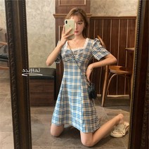 PigPug 전원풍 소녀 일과 네모난 네모난 체크 학생 중치마 거품소매 허리 걷어 날씬해 보이는 반팔 원피스