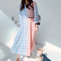 하이데일리 셔츠 반반 체크 린넨 롱원피스