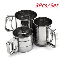 체망 채망 건지기 거름채 베이킹 반자동 핸드 헬드 밀가루 스트레이너 스테인레스 스틸 체 컵 파우더 메쉬 주방 가제트 케이크, 3Pcs