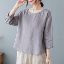 스타일아유 여자 여름 빈티지 린넨 티셔츠 라운드 블라우스