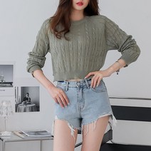 뜨개진 여성용 꽈배기 옆트임 래글런 크롭 라운드 니트