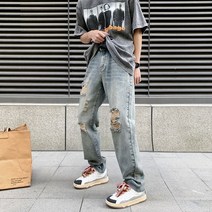 일자 9부 팬츠 2022 봄 여름 레트로 클래식 워싱 대미지 데님입니다 바지남자 스트레이트핏 와이드 4996104077