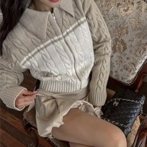 달콤하고 매운 스타일 짧은 대비 색상 트위스트 지퍼 스웨터 코트 여성용 가을과 겨울 레트로 캐주얼 니트 카디그