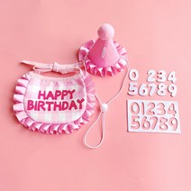 강아지 고양이 생일 파티 숫자 모자 스카프 케이프 턱받이 세트, 핑크 (숫자 스티커 증정)