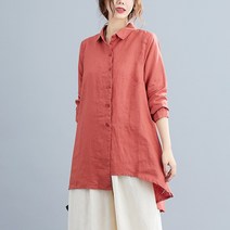 면마블라우스 샤오페이 하우스 여성 가을 빅사이즈 와이드 루즈핏 보텀 언발 린넨 긴 소매 와이셔츠 724673554