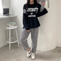 코지 힙한 캐주얼 체커보드 맨투맨 트레이닝 세트