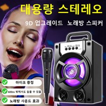 아웃도어 휴대용 무선 블루투스 노래방 스피커 360도입체적인 사운드/노래 듣기 및 노래 부르기 2in1/고성능5.0 블루투스, 표준(충전 케이블), 블랙 + 마이크