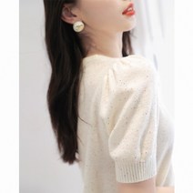 반짝이니트 스팽글 펄니트 퍼프 슬리브 양모 스웨터로 장식된 여성용 화려한 여성 봄 기질 탑