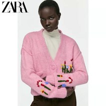 [KYO컴퍼니] ZARA 자라 숏가디건 여성 브이넥 핑크 자수 자카드