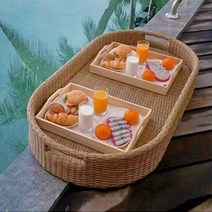 등나무 라탄 플로팅 트레이 물에뜨는 쟁반 바구니 조식 수영장 풀빌라 펜션 리조트, 타원형 노란색 (100X50X20)