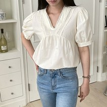 브이넥 토션 레이스 루즈핏 여름 반팔 셔링블라우스