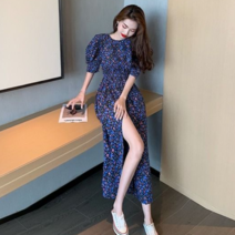A라인 캐주얼 주름 옆트임 꽃무늬 롱원피스 SH