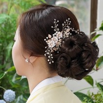 살롱드메리 수국 베이직 한복 볼륨 올림머리 가발 집게핀, 브라운
