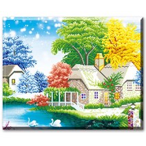 SHEXIU 3D 원형 보석십자수 키트 일체형 캔버스 액자 50 x 40 cm, AE144  호수와 가옥x1세트