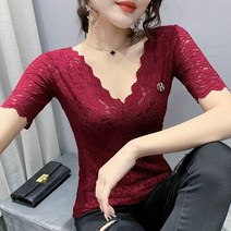 Baiwife 브이넥레이스라글란메쉬펀칭상의블라우스슬림반팔티셔츠