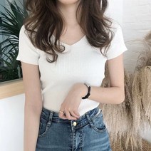 벨르 여성 브이넥 슬림핏 골지 반팔 니트 이너티 E-C033