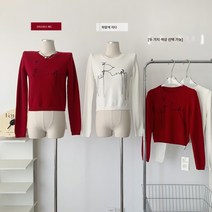 토끼가 맹진 레드 새해 스웨터 여 자수 겨울 풀오버 숏 니트