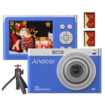카메라 Andoer 디지털 휴대용 4k 50mp 비디오 캠코더 자동 초점 16x 줌, 파란색 1과 삼각대