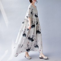 여름 라지 여성복에 비료를 더한 반팔 라운드 프린트 롱 원피스.