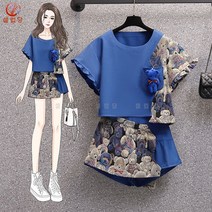 셀럽당 여성 여름 세트 빅 사이즈 티셔츠 상의+반바지 캐주얼 스포츠 투피스