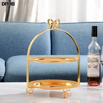DFMEI 이중 삼중 케이크 홀더 애프터눈티 과일 케이크 접시 디저트 스탠드 리본 딤섬 트레이 웨딩, 2단 선반 + 25cm 접시 금 2개 과일 포크 3개