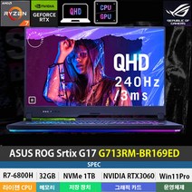 (당일발송) ASUS ROG G713RM-BR169ED 게이밍노트북 R7-6800H/RTX3060/DDR5 32GB/NVMe1TB/Win11Pro/17인치/워런티2년/TGP140W, WIN11 Pro, 32GB, 1TB, 라이젠7, 그레이