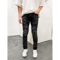 홀림 흑청 덧뎀 데미지 페인팅 데님 팬츠 남자 청바지 (BE- 2890)